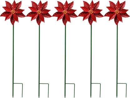 Metal Flower Wind Spinner Garden Lawn Stakes Yard Art, 27 Inch Poinsettia Windmill Iron Handicraft Lawn Decorations, 5 Pieces Christmas Star Stake Outside Garden Decorations for Metal Yard Art
