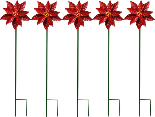 Metal Flower Wind Spinner Garden Lawn Stakes Yard Art, 27 Inch Poinsettia Windmill Iron Handicraft Lawn Decorations, 5 Pieces Christmas Star Stake Outside Garden Decorations for Metal Yard Art