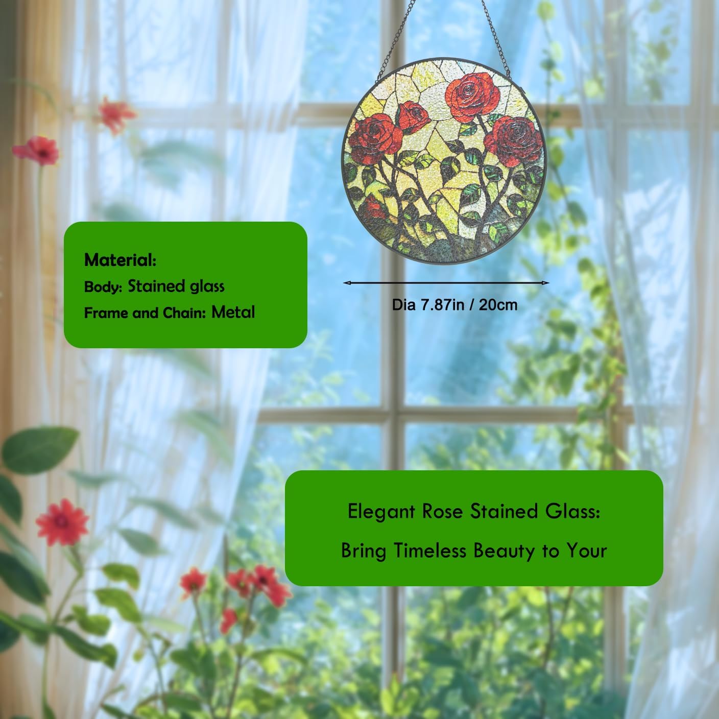 Floral Stained Glass Window Hanging - Rose Design Handmade Suncatcher, Luyseyha 8 Inch Sun Catcher for Windows, Home, Garden, Office, Christian Gift