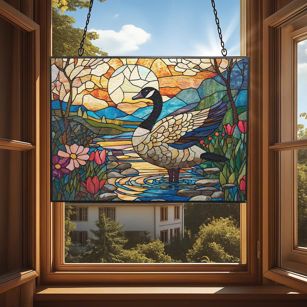 Customized Rectangle Boho Goose Doing Tai Chi Stained Glass Window Hanging Suncatcher Stained Glass Home Decor Garden Halloween Christmas Party Wedding Housewarming Gifts