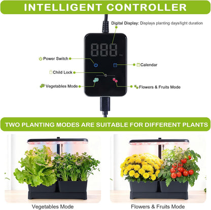 Indoor Garden Led Grow Light Planter Pots, Herb Kitchen Garden Grow Kit, Full Spectrum LED Plant Light for Plants, Height Adjustable Growing Lamp with Intelligent Controller (Black, 16*6.3*7.1 inch)