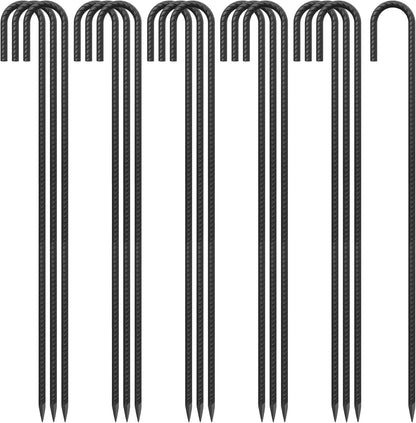 J Hook Rebar Stakes - 36 Inch, 3/8 Inch Diameter Steel Tent Stakes - Heavy Duty Chain Link Fence & Trampoline Stakes with Chisel Point End - Black (16 Pcs)