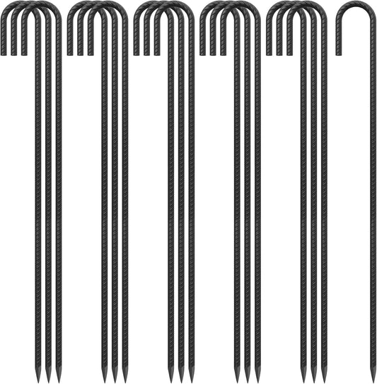 J Hook Rebar Stakes - 36 Inch, 3/8 Inch Diameter Steel Tent Stakes - Heavy Duty Chain Link Fence & Trampoline Stakes with Chisel Point End - Black (16 Pcs)