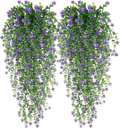 WEISPARK Artificial Hanging Flowers, 4pcs Fake Eucalyptus Vine Faux Flower Greenery Garland Plastic Plants for Indoor Outdoor Wall Garden Wedding Home Party Decor (Purple)