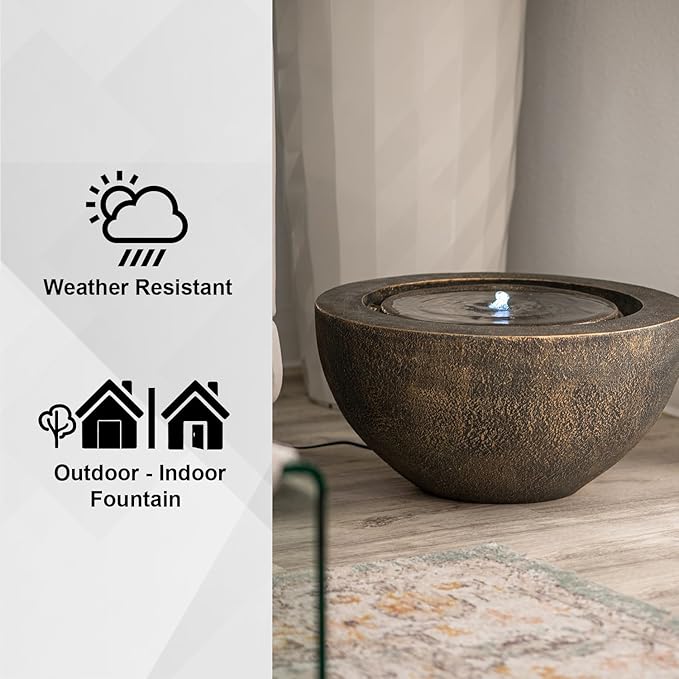 Xbrand 19.8" W Round Polyresin Indoor/Outdoor Sphere Water Fountain with LED Light, Garden/Patio Water Fountain Décor, Bronze