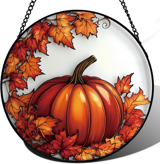 Pumpkin Maple Leaf Suncatcher -7.9 in Stained Glass Window Hanging Sun Catcher Garden Decor