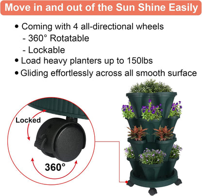 Vertical Planter 4 Tier Stackable Planters Garden Planters Strawberry Herb Flower and Vegetable Planter Indoor Outdoor Gardening Pots with Removable Wheels and Tools