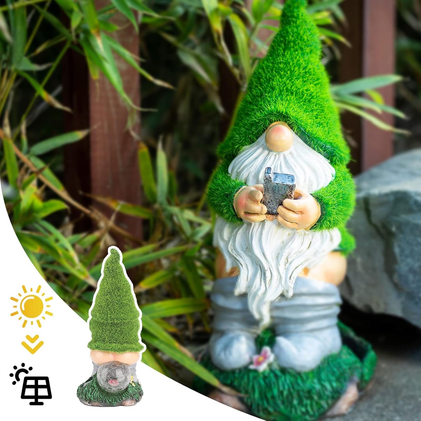 Garden Gnome Statues - Resin Gnome Figurine Sitting on Solar Crackle Glass Globe Lights, Funny Garden Ornament for Patio Yard Lawn Porch Outdoor Decor