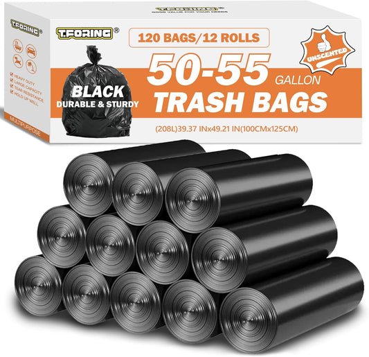 50-55 Gallon Black Trash Bags 120 Count - 40''x50'' Extra Large 50+ Gallon Garbage Bags,Unscented
