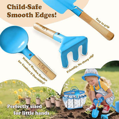 Kids Gardening Tool Set 18PCS Kids Toddler Gardening Set Includes Tote Bag Watering Can Apron Hat Rake Shovel Spoon Gloves Plant Pots and Labels, Outdoor Toys Gift for Boys Girls (Blue)