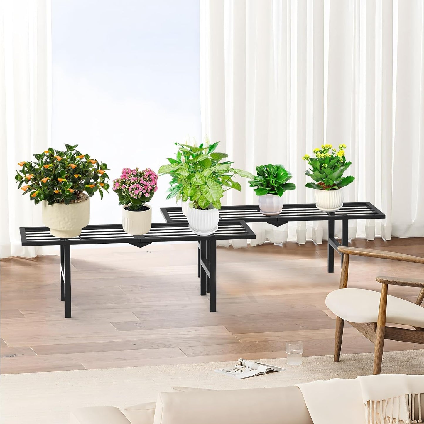 1 Tier Plant Stand Indoor Outdoor, 2 Pack Foldable Heavy Duty Metal Plant Shelf, Multi-Plant Display Flower Pot Holder for Garden Patio Balcony, Black