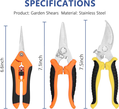 3-pack Garden Pruning Shears Set with Stainless Steel Blades, Bypass Pruners, Handheld Secateurs, Tree Trimmers, & Scissors Whetstone,a Clean Brush and a Hard Case, Ideal for trimming, pruning
