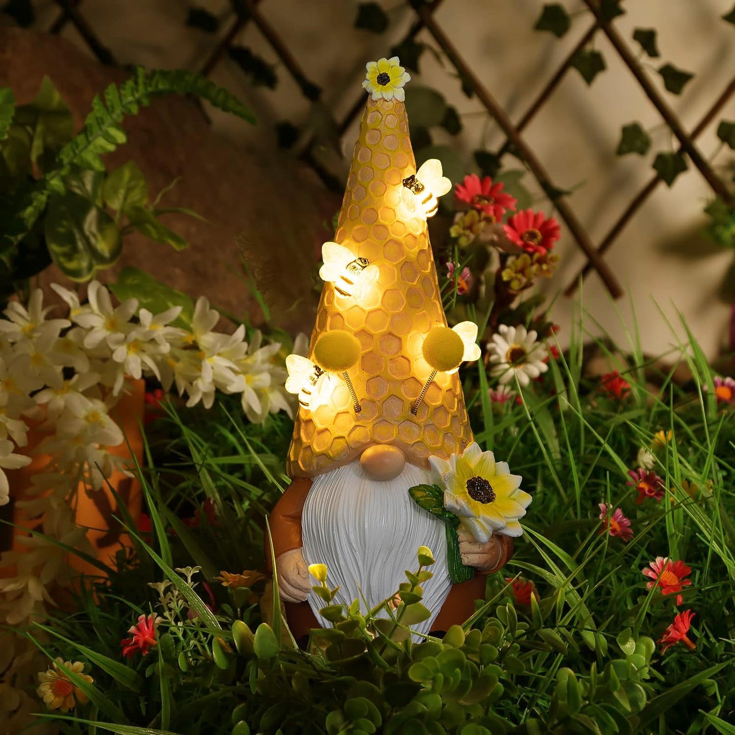 pearlstar Garden Gnome Statues Bee Solar Light 10.2" Tall Large Resin Figurine Outdoor Funny Home Yard Patio Decoration Fall Thanksgiving