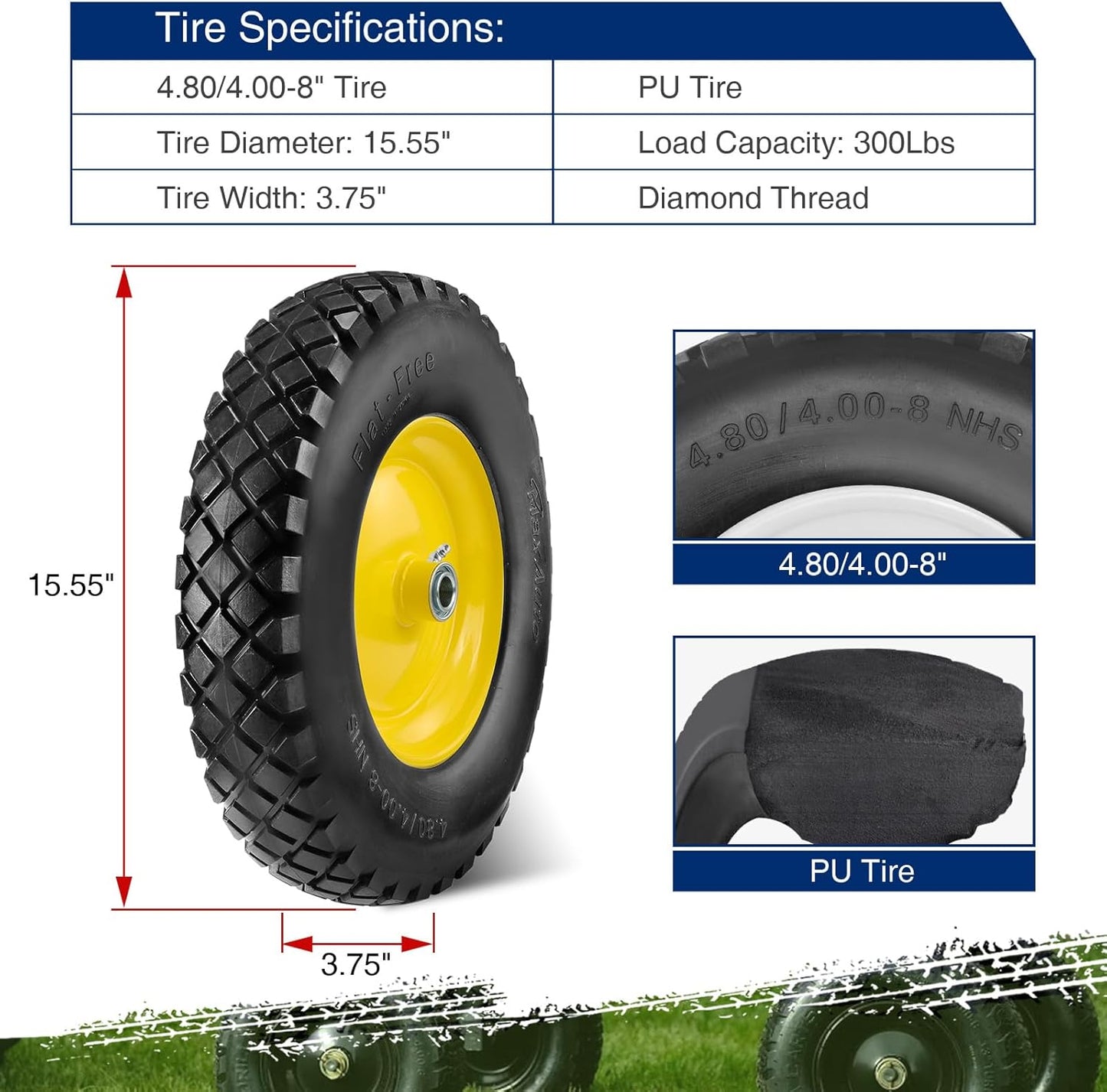 MaxAuto Wheelbarrow Tires 4.80 4.00-8 Flat-Free Tire and Wheel 16 Inch Solid Tires w/Grease Fitting, 3" Centered Hub, 3/4" Bearings, 4.80 4.00-8 Tire for Hand Truck Trolley Garden Cart Wagon, Yellow