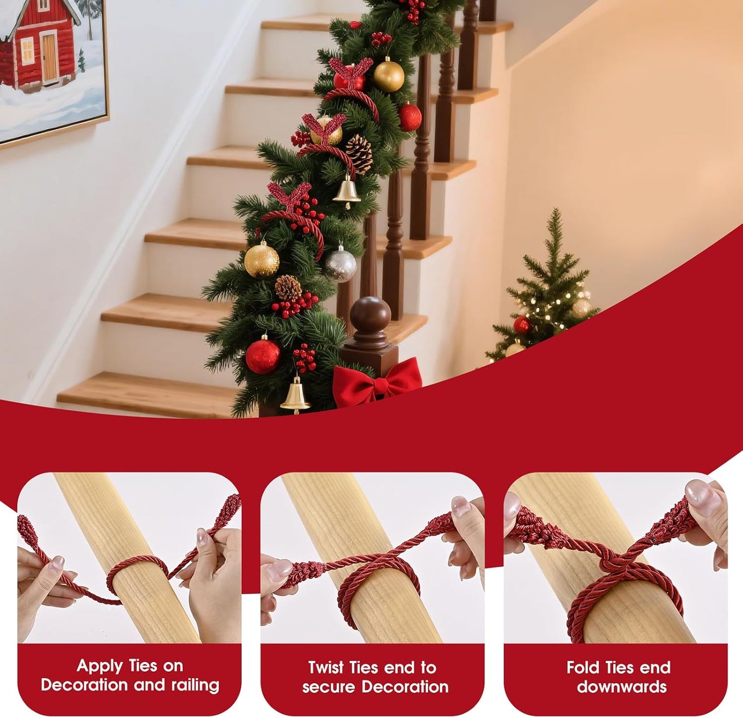 Christmas Garland Ties, 16Pcs 20in Garland Twist Ties for Banister, Reusable and Flexible Decorative Twist Tie for Home Decorations and Holiday Craft Gift Wrapping - Red