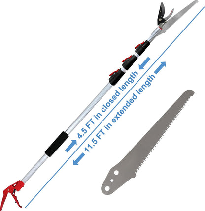 Tree Pruner Extendable 4.5-11.5 FT, Tree Trimmer Telescoping with 4 Section, Long Handle Pruning Shears, Cut and Hold Clippers, Pole Saws Branch Cutter, Loppers, Fruit Picker Tool