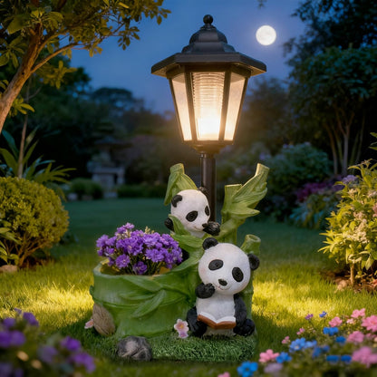 Panda Outdoor Statue with Solar Lantern Flowerpot for Garden Decor Panda Sculpture Figurine Bamboo for Patio Balcony Yard Lawn Decorations Gifts for Women Mom