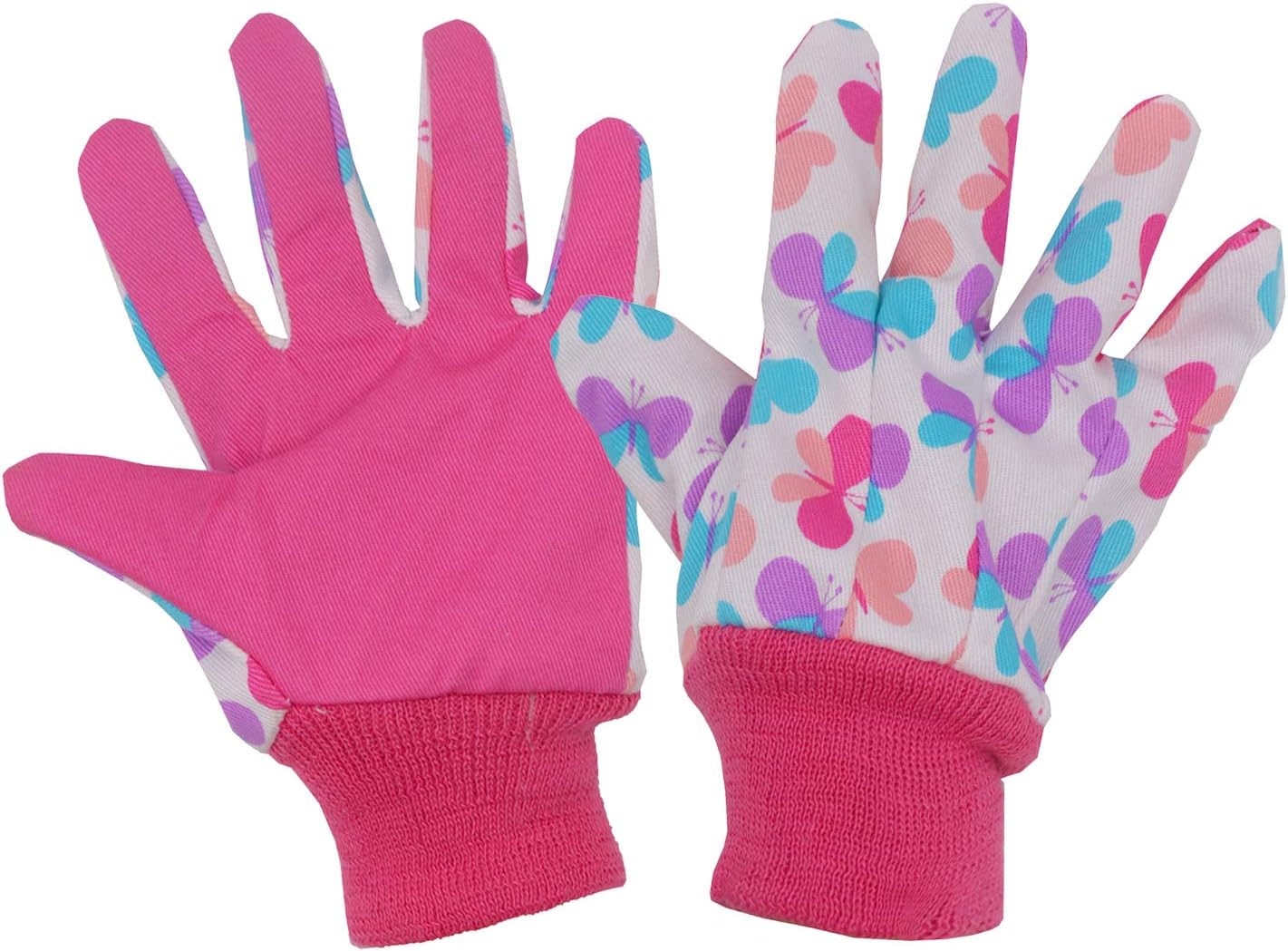 HANDLANDY 2 Pairs Kids Gardening Gloves, Girls Boys Children Garden Work Play Gloves (Pink Butterfly & Dot, Medium)