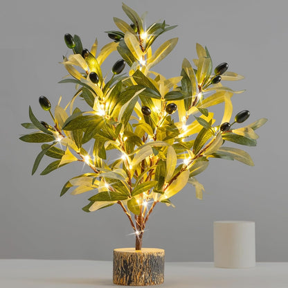 Lighted Tabletop Olive Tree, Artificial Greenery Tree Indoor 19IN 49 Warm White Led with Timer, Battery Operated for Spring Summer Home Office Decorations