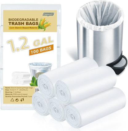 1.2-Gallon Small Trash-Bags Biodegradable Garbage-Bag - Mini Clear White Unscented Bulk 100 Counts Compostable Recycling Liners for Kitchen Bathroom Car Can Wastebasket Inwaysin
