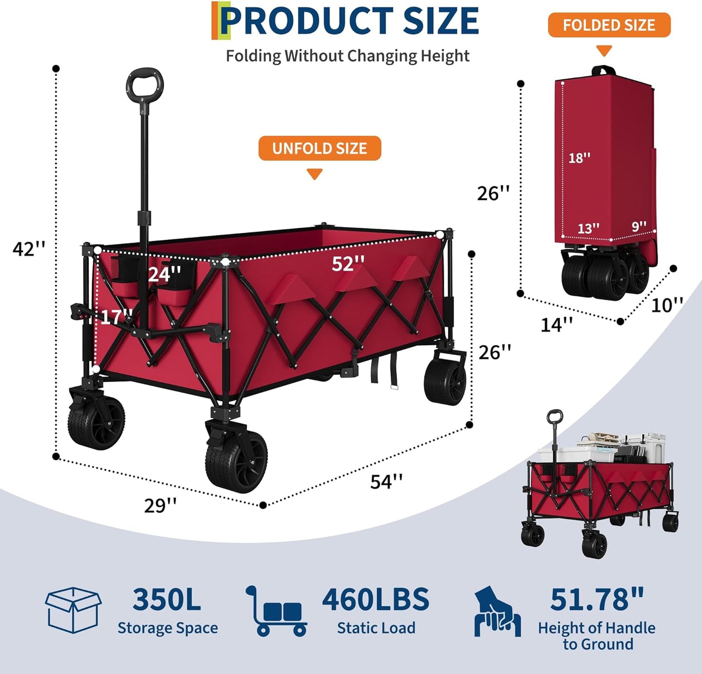 52" Foldable Wagon for Beach with 460LBS Weight Capacity, Heavy Duty 350L Extra Large Collapsible Foldable Wagon for Camping, All Terrain Beach Wagons Extended with Cup Holders for Sand