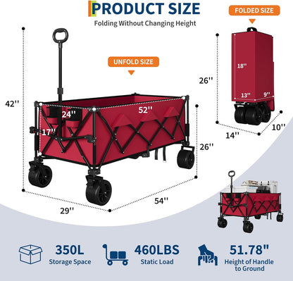52" Foldable Wagon for Beach with 460LBS Weight Capacity, Heavy Duty 350L Extra Large Collapsible Foldable Wagon for Camping, All Terrain Beach Wagons Extended with Cup Holders for Sand