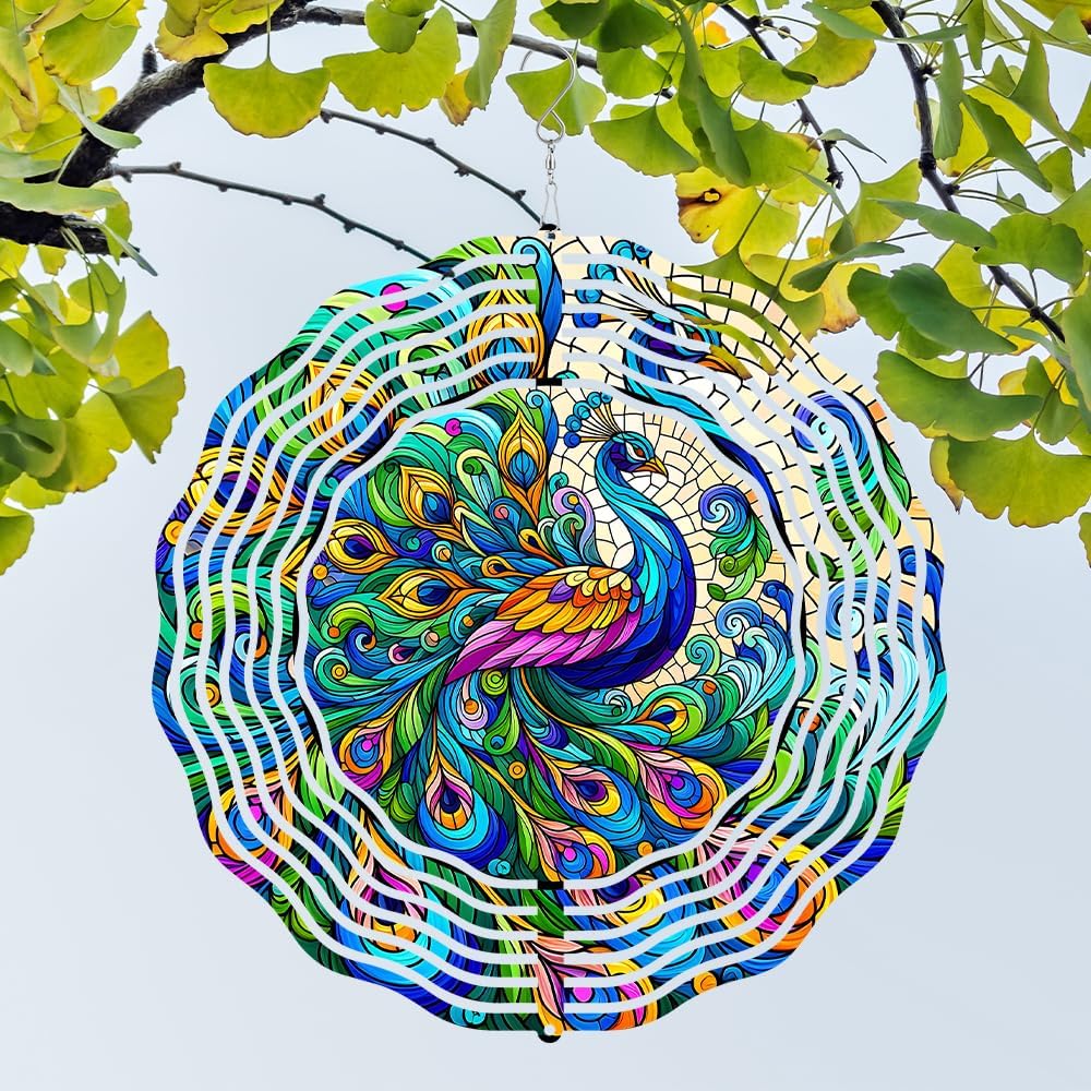 Peacock Wind Spinner 3D Stainless Steel Kinetic Sculpture Metal Art Christmas 10 Inch Colorful Hanging Decoration for Garden, Patio, Yard, and Indoor/Outdoor Spaces