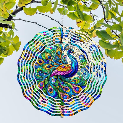 Peacock Wind Spinner 3D Stainless Steel Kinetic Sculpture Metal Art Christmas 10 Inch Colorful Hanging Decoration for Garden, Patio, Yard, and Indoor/Outdoor Spaces