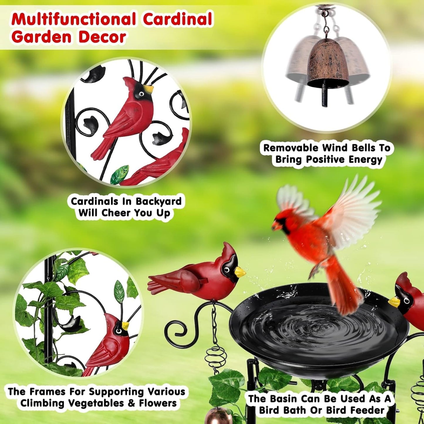 Cardinal Bird Bath Garden Trellis for Climbing Plants Outdoor Wind Chime Decor Red Birds Feeder Yard Sign Spring Lawn Decorations Housewarming Christmas Appear Memorial Gift for Bird Watcher Gardener