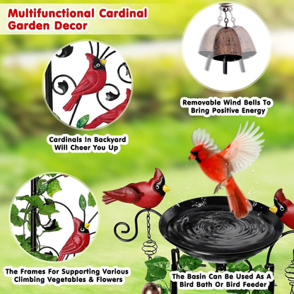 Cardinal Bird Bath Garden Trellis for Climbing Plants Outdoor Wind Chime Decor Red Birds Feeder Yard Sign Spring Lawn Decorations Housewarming Christmas Appear Memorial Gift for Bird Watcher Gardener