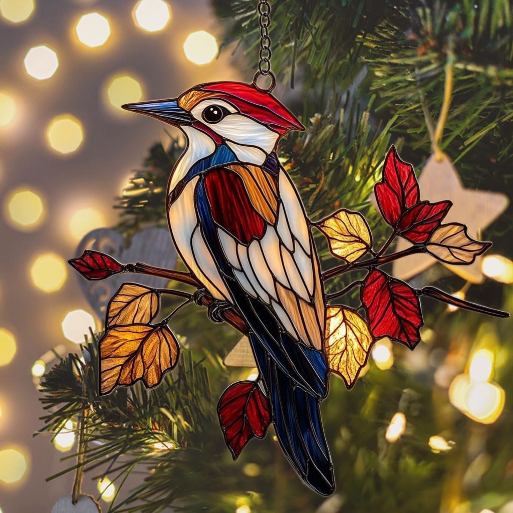 Red Woodpecker Acrylic Suncatcher Stained Glass Effect Window Car Hanging Christmas Ornament Indoor Outdoor Decor Garden Sun Catcher Panel for Acrylic Suncatcher Lover for Women Mom Grandma