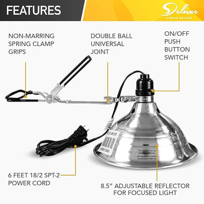 Simple Deluxe Clamp Lamp Light 8.5 Inch Adjustable Aluminum Reflector, Suit for E26 Socket Max 150 Watt Lamp (No Bulb Included), 6 Feet 18/2 SPT-2 Cord, Upgrade Tight Grip, 1 Pack