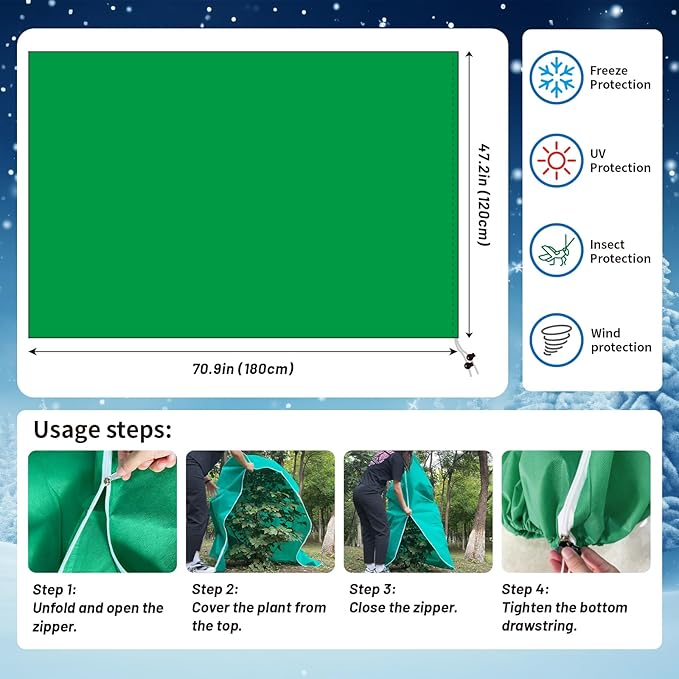 4 Pack Plant Covers Freeze Protection(71" x 47.3"),2.82 oz/sq yd Non-Woven Fabric,Frost Covers with Zipper Drawstring Plant Protection Cover Bags for Outdoor Winter Frost Cold Weather