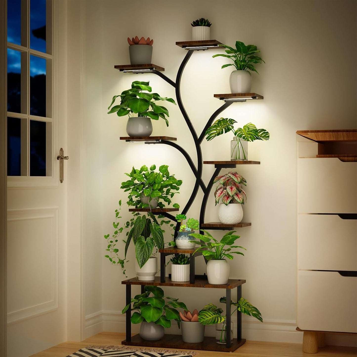Bstrip 63 Inch Plant Stand with Grow Light, 10-Tier Plant Shelf for Indoor Plants, Decor Tree Shaped Flower Stand for Home, Corner & Patio
