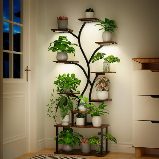 Bstrip 63 Inch Plant Stand with Grow Light, 10-Tier Plant Shelf for Indoor Plants, Decor Tree Shaped Flower Stand for Home, Corner & Patio