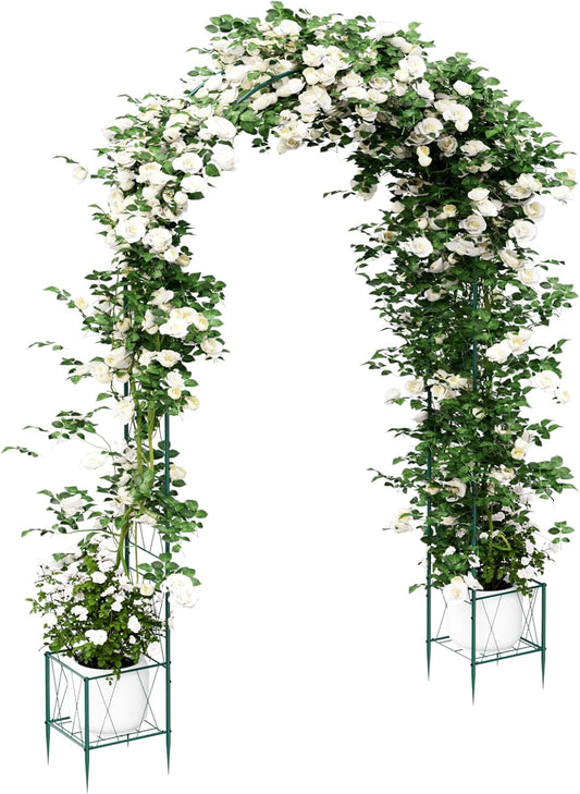 8.2Ft Garden Arch Trellis with Planter Boxes for Climbing Plants Outdoor, Metal Wedding Arch Frame for Ceremony, Pumpkin Archway Garden Arbors and Arches for Christmas Bridal Party Decoration(Green)