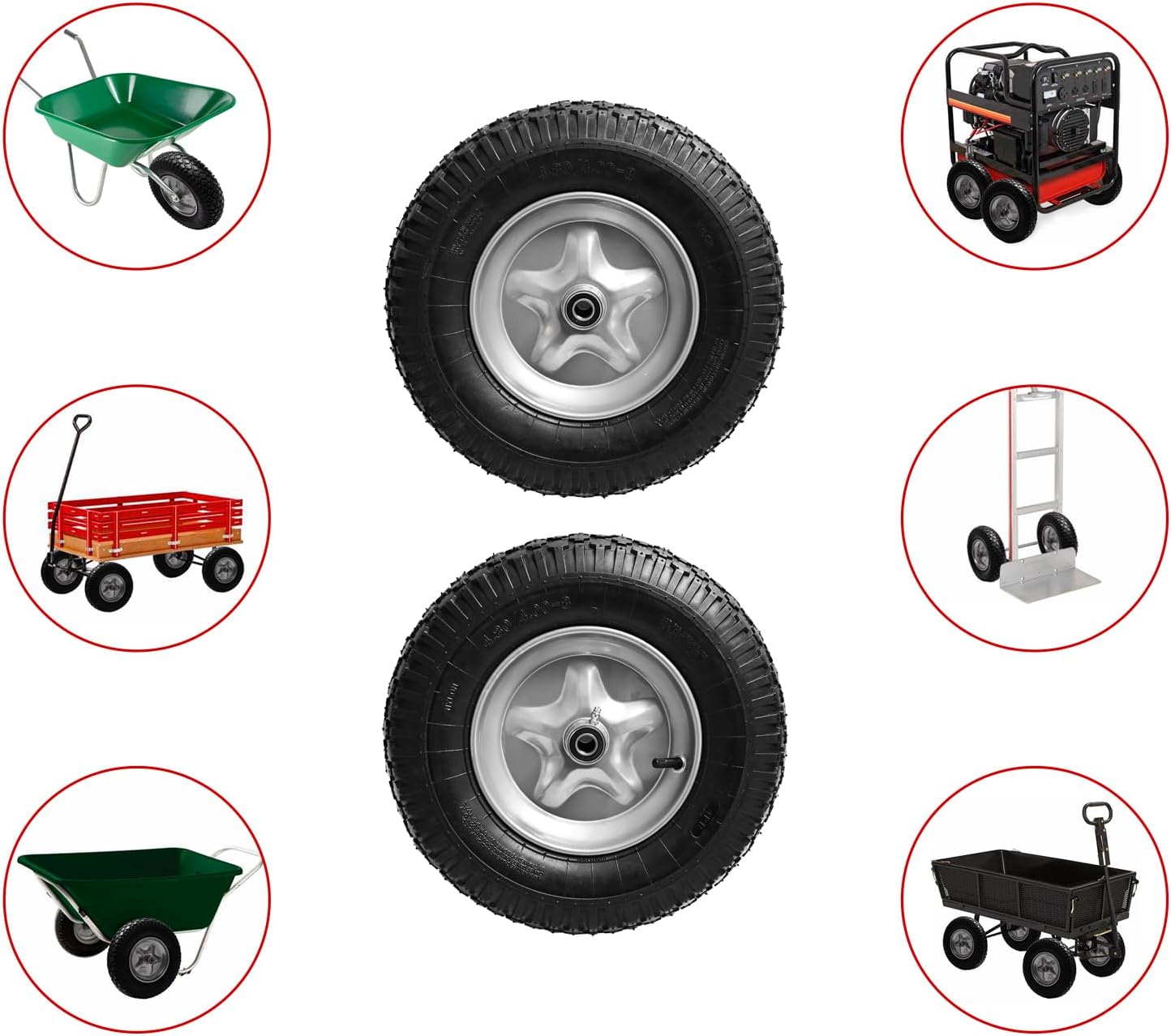 4.80/4.00-8" Tire, 16" Pneumatic Wheelbarrow Tire and Wheel with 5/8" Bearings (Extra 3/4") and 3" Centered Hub for Wheelbarrow/Garden Carts/Hand Truck/Yard Wagon Dump Cart (2-Pack)