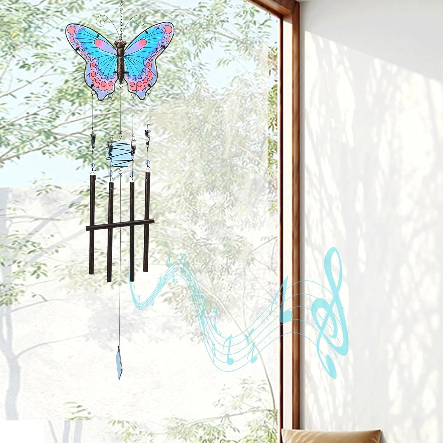 MUMTOP Butterfly Wind Chimes for Outside, Stained Glass Wind Chime Windchimes for Patio, Outdoor,Garden,Yard,Coastal,Window,Home Decor or Gifts for Women(Blue & Red)