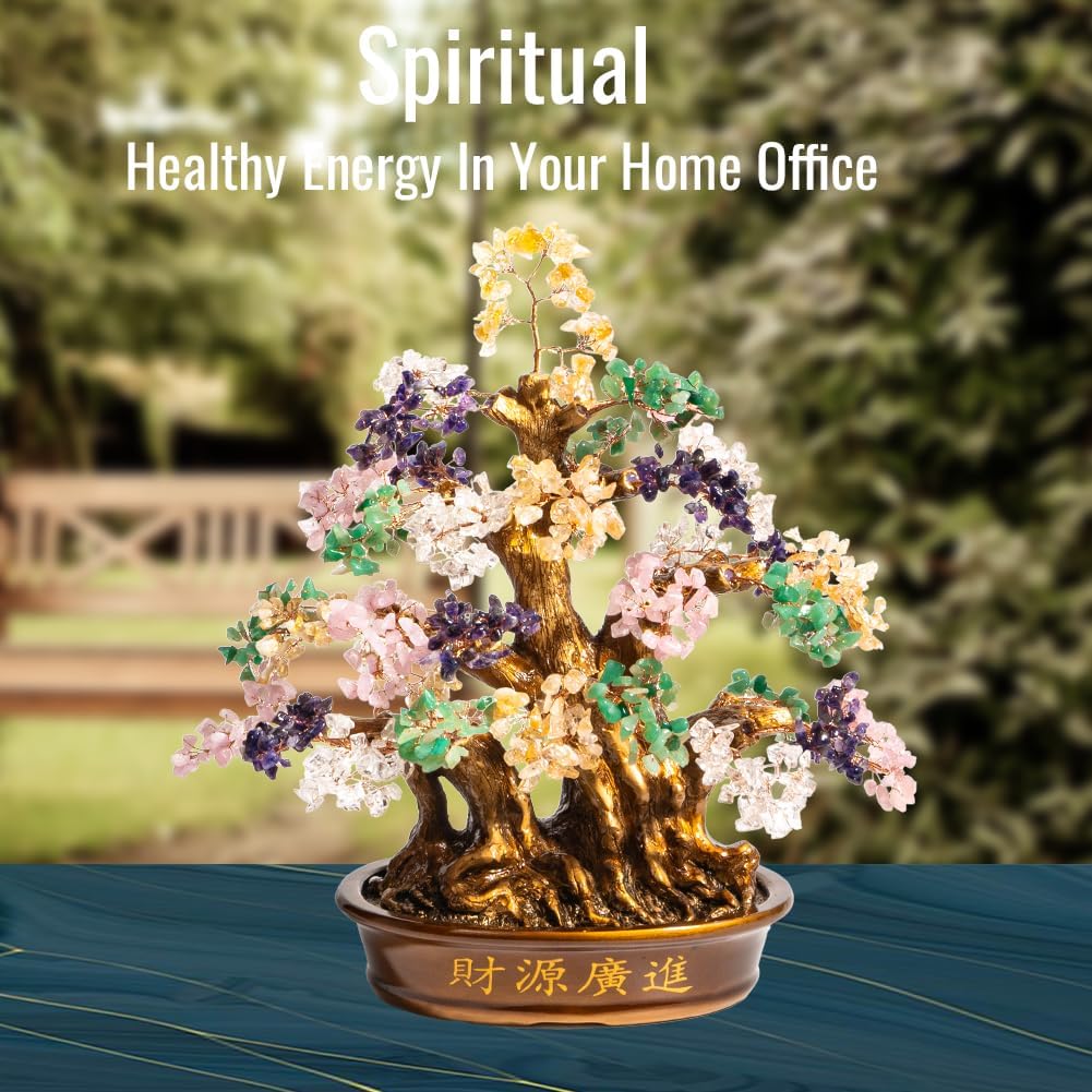 Natural Bonsai Feng Shui Money Tree, 18'', Includes Lucky Coins Chain, Tree of Life (1300 Gemstone Count), Good Luck and Wealth