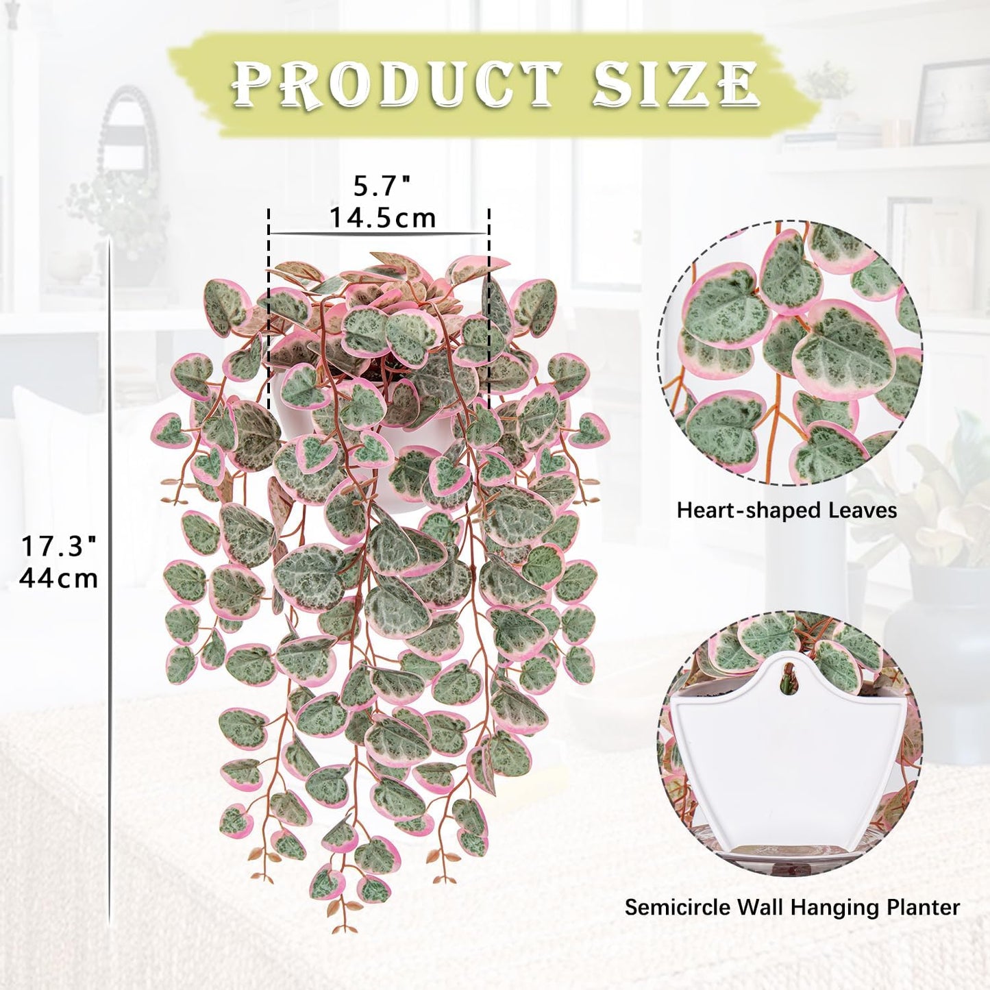 Briful Faux Hanging Plants 17'' Artificial String of Heart Vines with Semicircle Wall Mount Planter Fake Draping Plants for Home Office Room Shelf Wall Hanging Decor