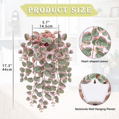 Briful Faux Hanging Plants 17'' Artificial String of Heart Vines with Semicircle Wall Mount Planter Fake Draping Plants for Home Office Room Shelf Wall Hanging Decor