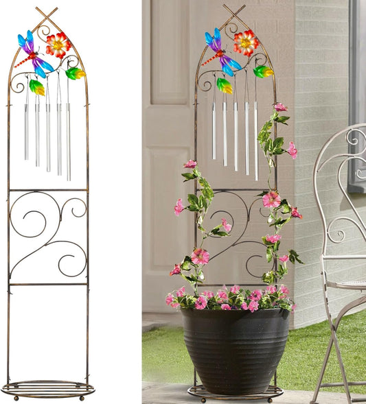Garden Trellis with Plant Stands, 48” Metal Detachable Dragonfly Plant Pot Trellis with Wind Chimes
