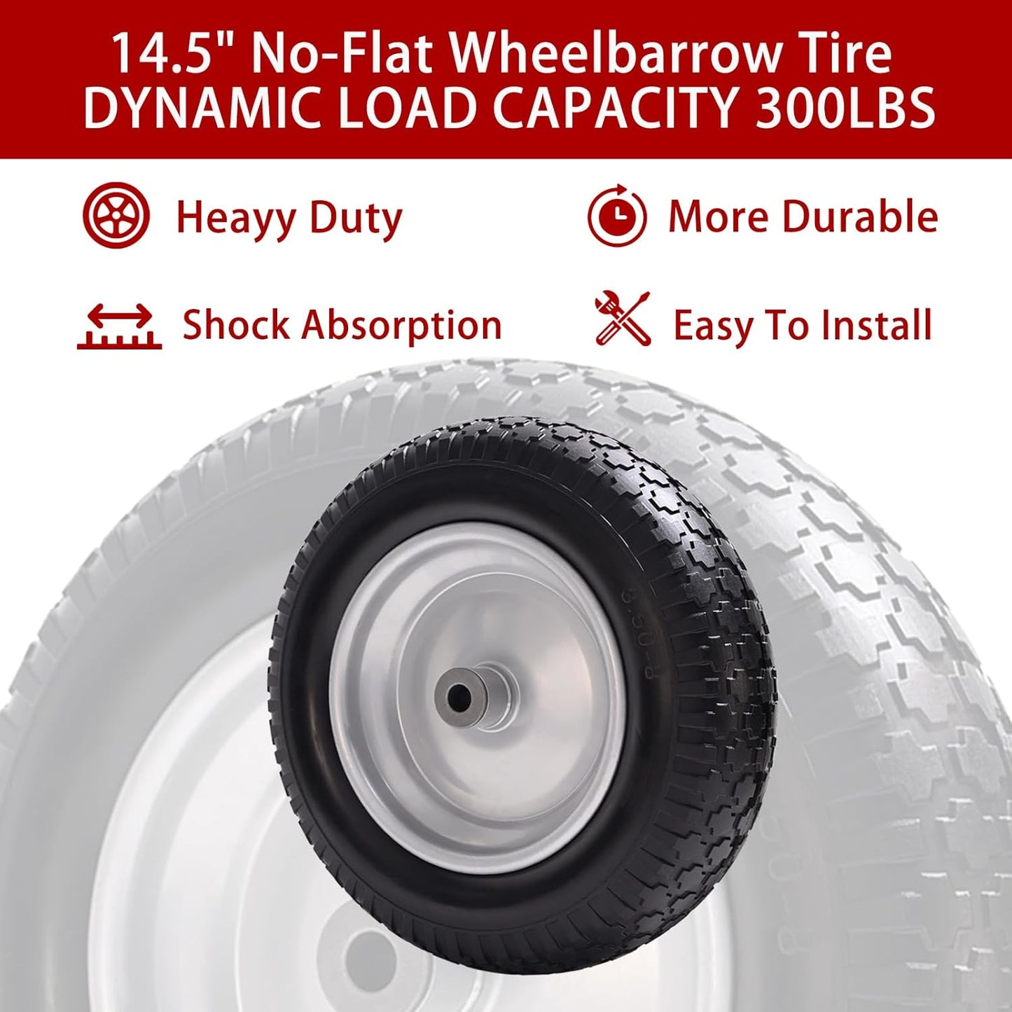 14.5" Wheelbarrow Tire, 3.50-8" Flat-free Solid Tire and Wheel with 3" -7" Centered Hub and 5/8" & 3/4"Bearings for Wheelbarrow Trolley Dolly Lawn Mover Go Kart Replacement (2-Pack)