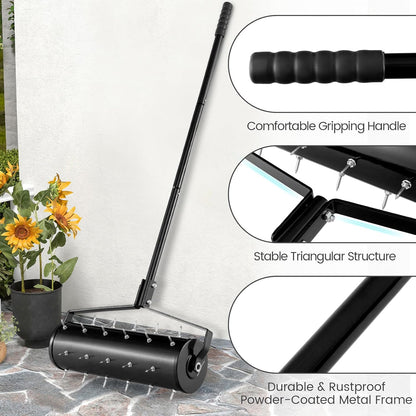 Goplus Rolling Lawn Aerator, 21-Inch Garden Yard Rotary Push Tine Filled Sand Stone, Heavy Duty Spike Soil Aeration w/Metal Handle, Fillable Drum 51" Manual Lawn Aeration Tool Garden Grass Patio Yard