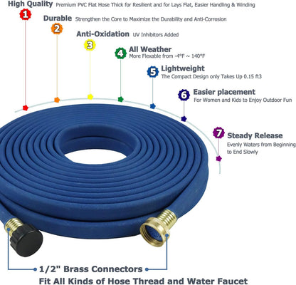 Garden Flat Soaker Hose 1/2 in x 50ft,More Water Leakage, Heavy Duty Metal Hose Connector Ends, Perfect Delivery of Water,Garden Flower Bed and Vegetable Patch,Landscaping, Savings 80% Water