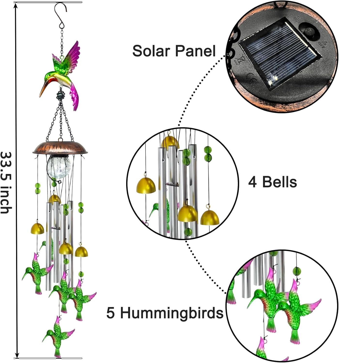 Solar Wind Chimes for Outside, 33.5 Inch Hummingbird Wind Chimes Outdoors with Crackled Glass Ball Decorative Hanging in Garden, Yard, Patio