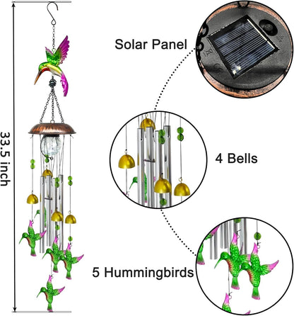 Solar Wind Chimes for Outside, 33.5 Inch Hummingbird Wind Chimes Outdoors with Crackled Glass Ball Decorative Hanging in Garden, Yard, Patio
