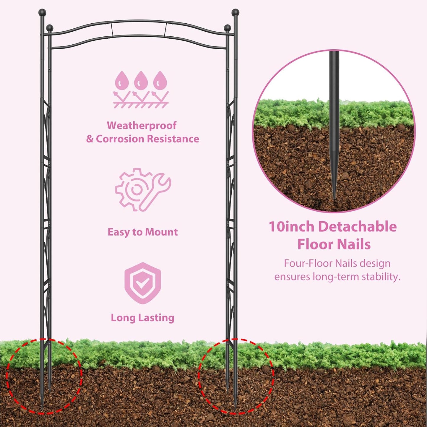 Garden Arch Trellis 7FT Wedding Arch Backdrop Stand, Metal Garden Arbor Trellis for Plant Climbing Outdoor, Plant Arch with Anchored Pile, Flower Stand Balloon Decor, Archway Pergola
