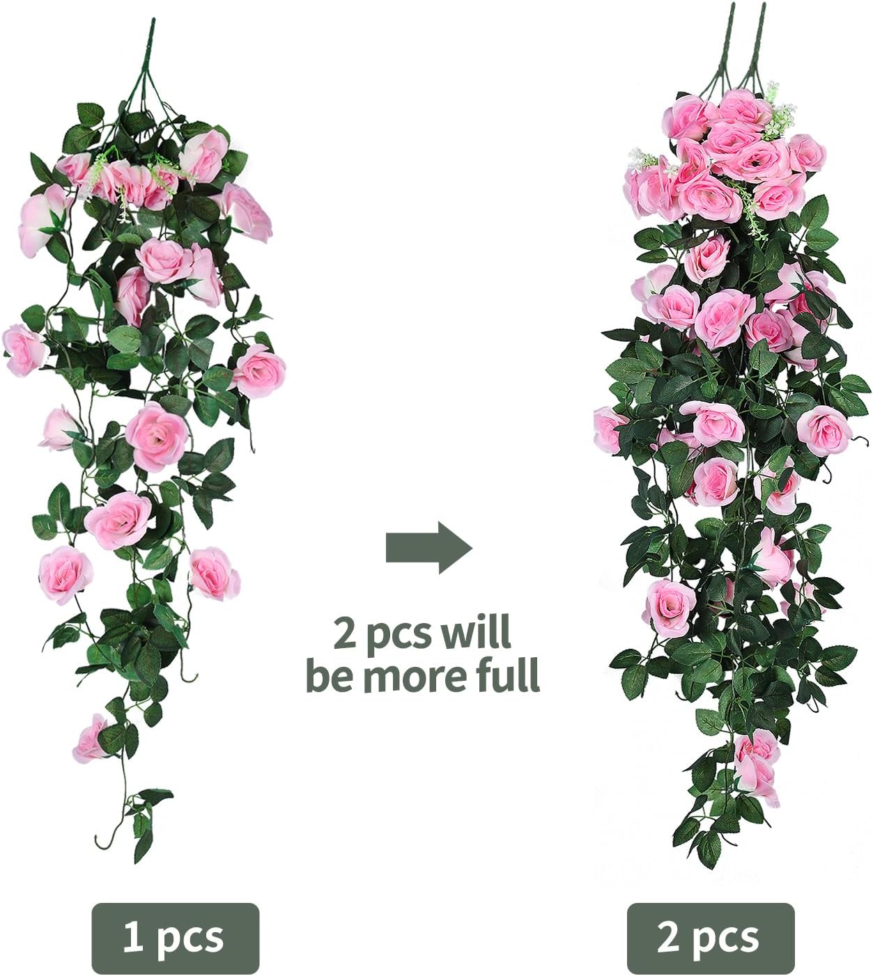 RECUTMS Artificial Hanging Rose Flower 4PCS Vine Plants with 30 LED Fairy String Lights Fake for Indoor Outside Garden Porch Farmhouse (Pink)