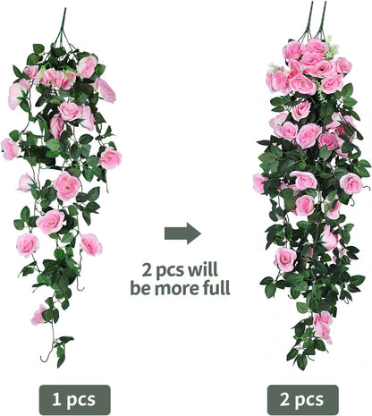 RECUTMS Hanging Flowers Artificial Rose Flower 2PCS 3.3Ft for Outdoors with 30 LED Fairy String Lights Fake Outdoor (Pink)